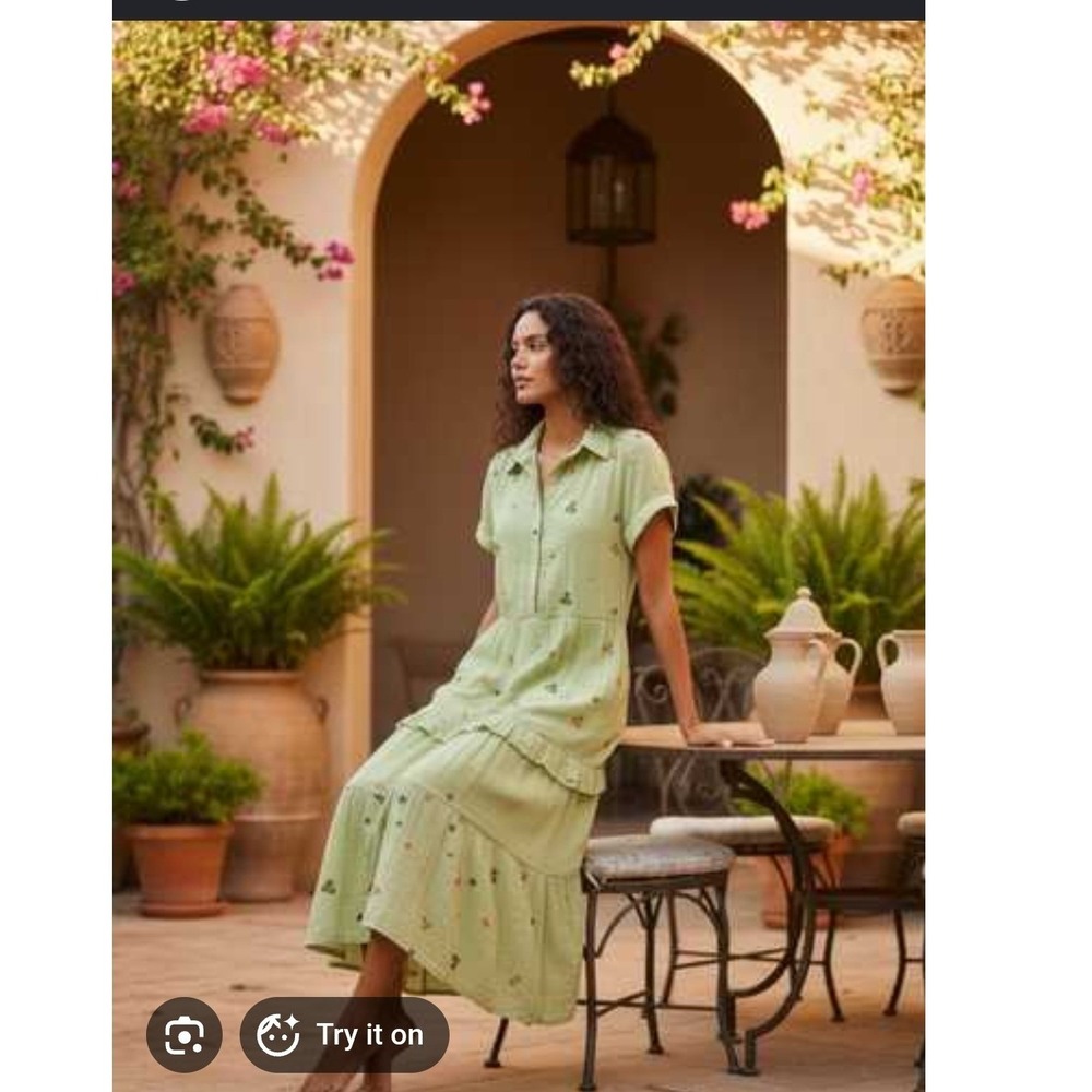 Fig + Flower Sage Green Floral Embroidered Tiered Midi Dress L Cottagecore casua